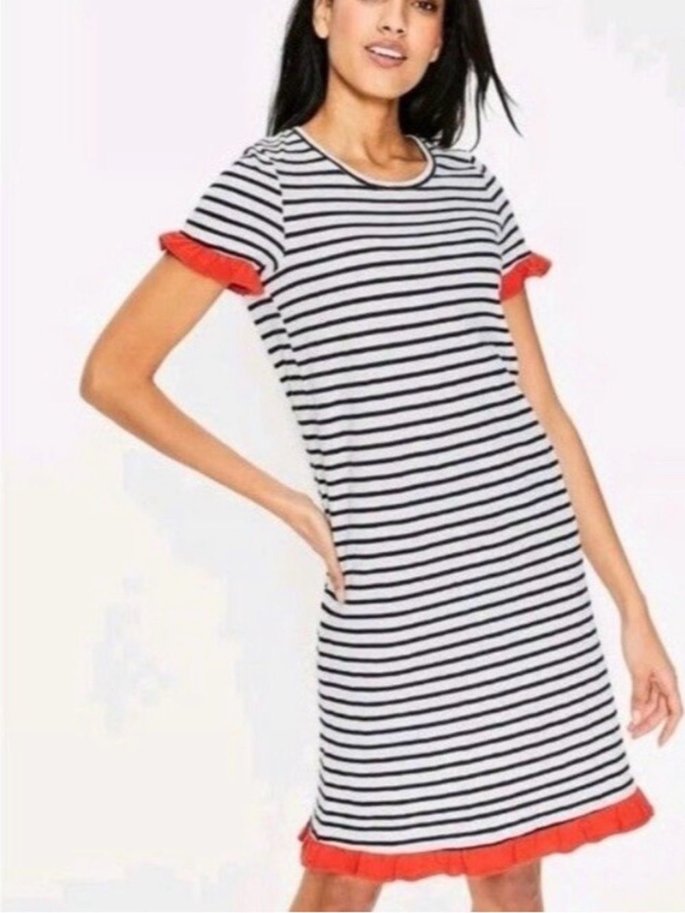 Boden Emily Dress Womens 16 Striped T-Shirt Shift 100% Cotton Red Ruffle Trim